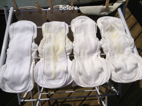 Diapers when I put them outside. I rewet them once, and I don't know what that is on the far left one. It's some kind of dirt that's IN the fabric, but it was there after washing. I am still trying to get that out.